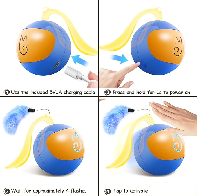 Migipaws 2-in-1 Interactive Cat Toy Ball – Paw Friendly Kicking Chasing Ball with Bonus Fluffy Tail for Indoor Cats Random Rolling Auto Escape Corners Tangle-Free Quiet USB Rechargeable (Blue)