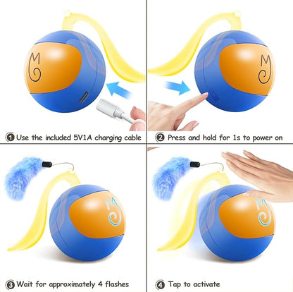 Migipaws 2-in-1 Interactive Cat Toy Ball – Paw Friendly Kicking Chasing Ball with Bonus Fluffy Tail for Indoor Cats Random Rolling Auto Escape Corners Tangle-Free Quiet USB Rechargeable (Blue)