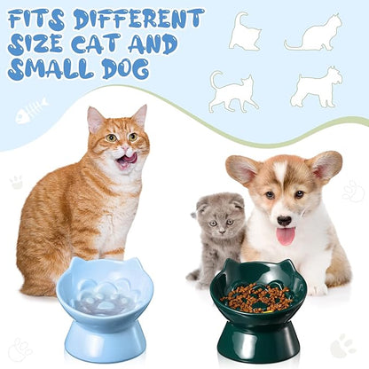 2 Pcs Ceramic Raised Slow Feeder Cat Bowl, 5.91inch Elevated Cat Slow Feeder Bowl Tilted Anti Vomiting for Dry Wet Food and Water Easy to Clean High Edge(Dark Green, Blue)
