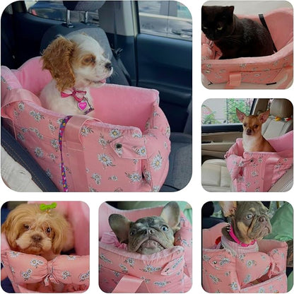Cullaby Console Dog Car Seat - Portable Dogs Armrest Booster Seat for Small Dog, Anti-Collapse Pet Car Seat with Soft Cushion Safety Belt, Support Pet Up to 11lbs (Pink Daisy)