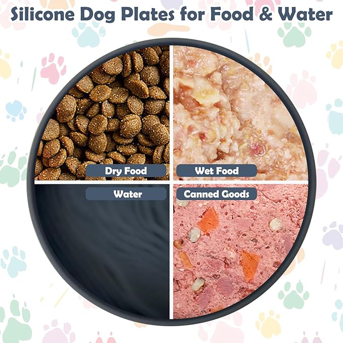Silicone Dog Bowl Set of 2 Flat Puppy Food & Water Dish Less Mess Cat Dry Food Plates with Suction Cup Non-Tippable Feeding Bowls for Small & Medium-Sized Pets (Round Grey)