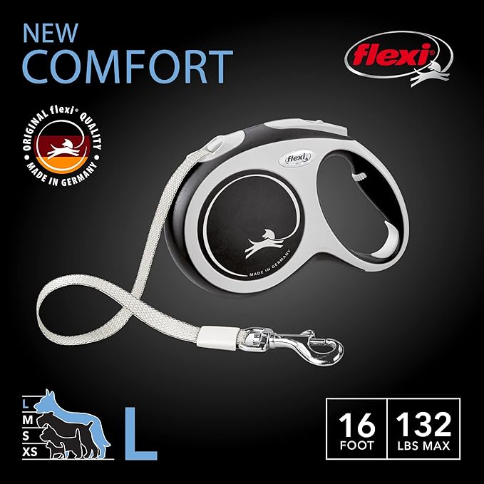 FLEXI® New Comfort Tape Retractable Dog Leash for Large Dogs Upto 132 lbs. – 16 ft., Black/Grey | Tangle Free Pet Walking Leash with One-Handed Brake, Pause, Lock |German Quality Product