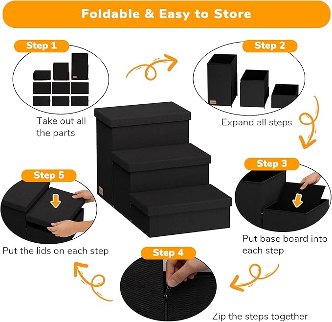 3-Step Wide Dog Stairs with Storage 18" H, Non-Slip Sturdy Pet Steps for High Bed Couch Window, Pet Stairs for Small/Medium/Large Old Dogs Cats Up to 200lbs, Cat Dog Steps for Car/SUV, Black