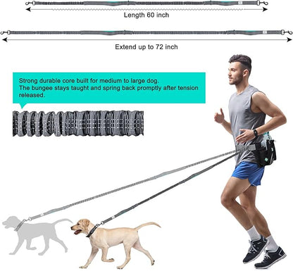 SHINE HAI Retractable Hands Free Dog Leash with Dual Bungees for Dogs, Adjustable Waist Belt Bag, Reflective Stitching Leash for Running Walking Hiking Jogging Biking (for 1 Dog)