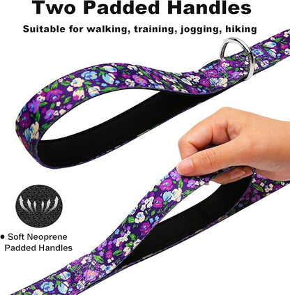 5ft Dog Leash with Two Padded Handles, Cute Girl Dog Leash with Soft Dual Handle, Walking Training Lead for Small Medium Large Dogs, Purple Floral
