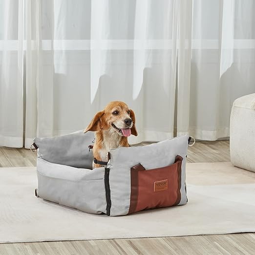 VEVOR Dog Car Seat, Waterproof Dog Booster Seat for Car with Side Handles and a Storage Pocket, Clip-On Safety Leash and PP Cotton Filling, Vehicle Bed for Small Dogs up to 25lbs, Gray