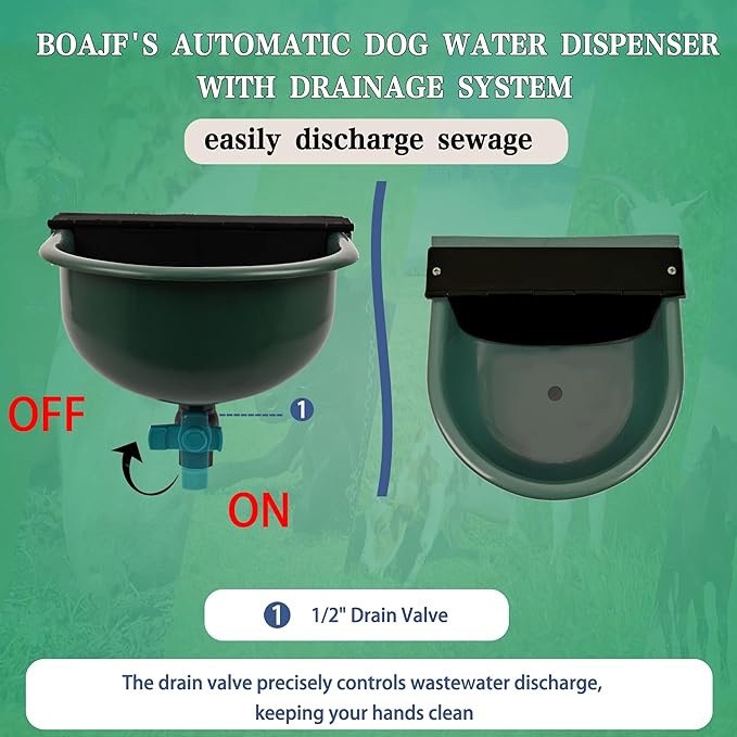 Automatic Dog Water Dispenser with Drain Valve, 1 Gallon Outdoor Auto Water Dog Bowl with Float Valve, Automatic Chicken Waterer with Hose Quick Connector, for Horse, Poultry (Green)