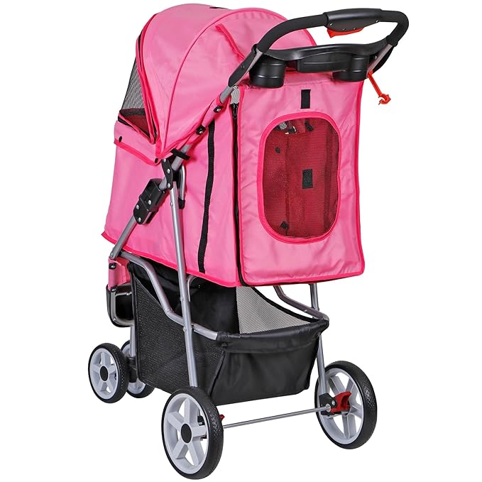Foldable Pet Stroller for Cats and Dogs 3 Wheels Carrier Strolling Cart with Weather Cover, Storage Basket + Cup Holder (Pink)