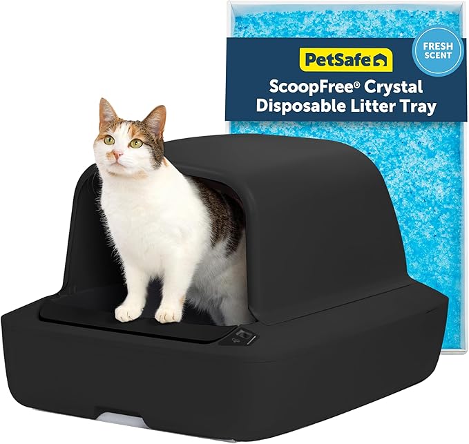PetSafe ScoopFree Crystal Pro Self-Cleaning Cat Litter Box System – Enclosed Front-Entry – Advanced Odor Control – Includes 1 Disposable Crystal Litter Tray – Black (ZAL00-18159)