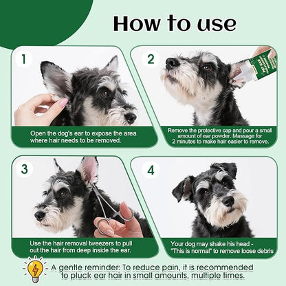 Dog Ear Plucking Powder & Hair Removal Tool Kit – 30g Dog Ear Powder for Hair Removal, 5.5" Hemostat Ear Hair Removal Tool – Helps Reduce Wax & Odor – Ear Grooming Kit for Dogs