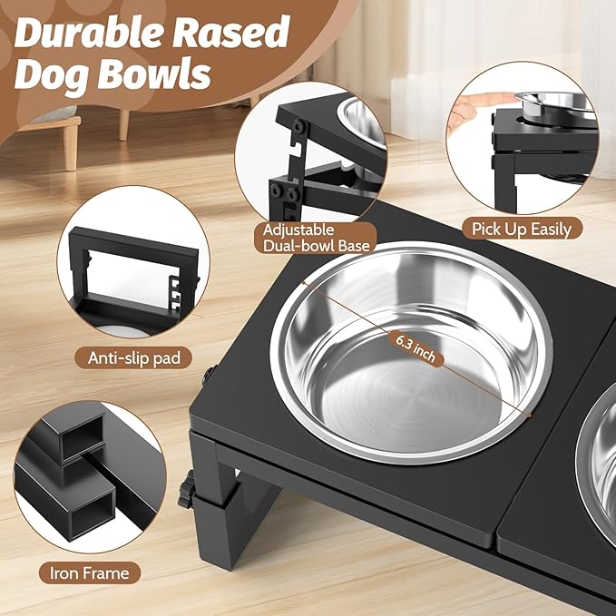 Dog Bowls Elevated Small, 3 Height(4.2" to 6") & Angle (0-20°) Adjustable Raised Dog Bowl Stand, Elevated Dogs Bowl Stand Pet, Sturdy Metal Dogs Feeding Station with 2X 20oz (2.5cup) Dishes