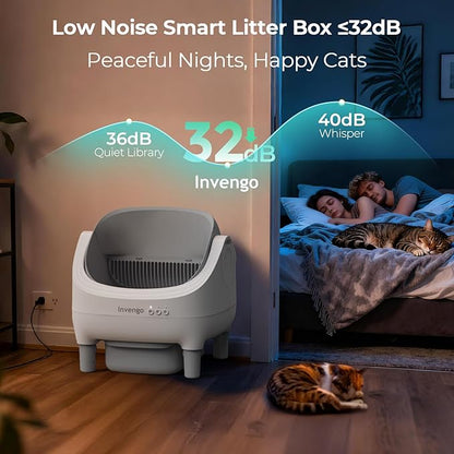 Automatic Cat Litter Box Self Cleaning, App Control, Open-Top Automatic Litter Box with Safety Sensors, Ultra-Quiet, 10.5L Waste Bin with Odor Control, 2 Rolls of Garbage Bags, LightGrey