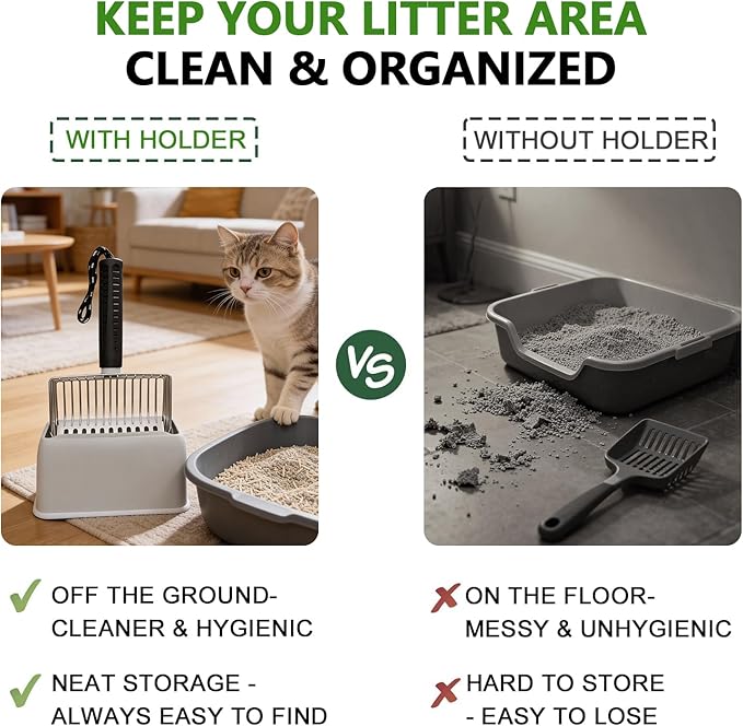 [2026 Version]Efficient Metal Cat Litter Scoop- Stainless Steel Cat Litter Scooper with Holder, Heavy Duty Litter Sifter, Pooper Scooper Kitty Litter Box Scooper-Cat Scooper for Litter Box Cleaning