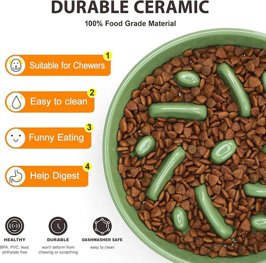 Ceramic Slow Feeder Dog Bowl, 8.3 inch Dog Food Bowls for Small, Medium, and Large Breed, Anti-Slip Puzzle Food Dish to Slow Down Eating (Green, 8.3 in)