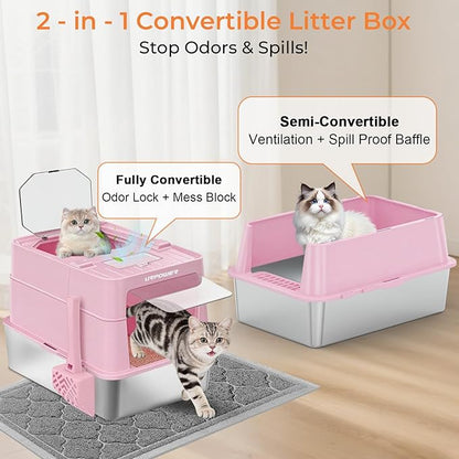 URPOWER Stainless Steel Cat Litter Box with Lid 110° Flip-Top Extra Large Enclosed Litter Box Non-Sticky Metal Pan with High Sided & Scoop, Odor Free, Front & Top Entry, Anti-Leakage, Easy Cleaning