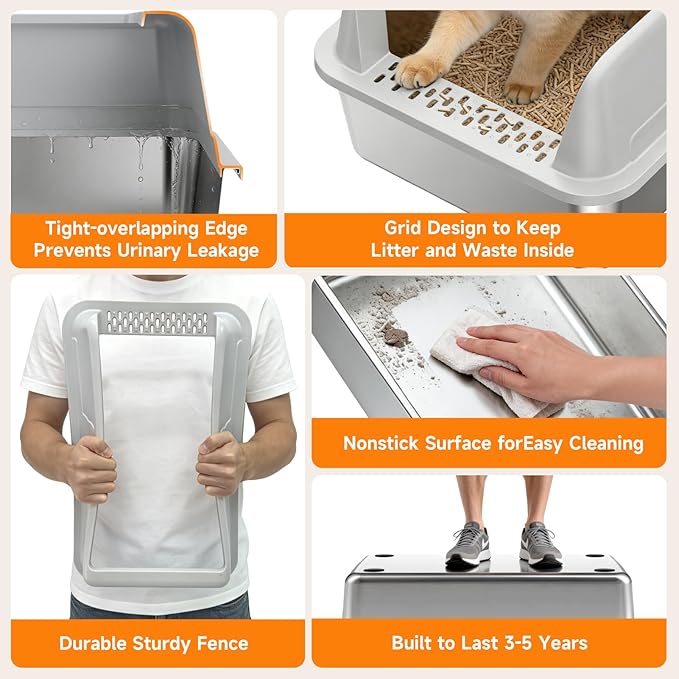 Extra Large Stainless Steel High Sides Cat Litter Box with Scoop, XL 23"X15"X10.3" Metal Odor Resistant Nonstick Easy Clean Kitty Litterbox, Gray