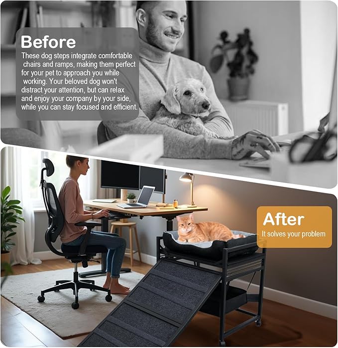 Movable Structure Pet Stairs Ramp with seat Mate Cats/Dogs Chair with ramp high beds, Folding Pet Steps for Large, Medium and Small Dogs, Cat Ladder, with Storage Cabinet