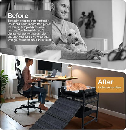 Movable Structure Pet Stairs Ramp with seat Mate Cats/Dogs Chair with ramp high beds, Folding Pet Steps for Large, Medium and Small Dogs, Cat Ladder, with Storage Cabinet