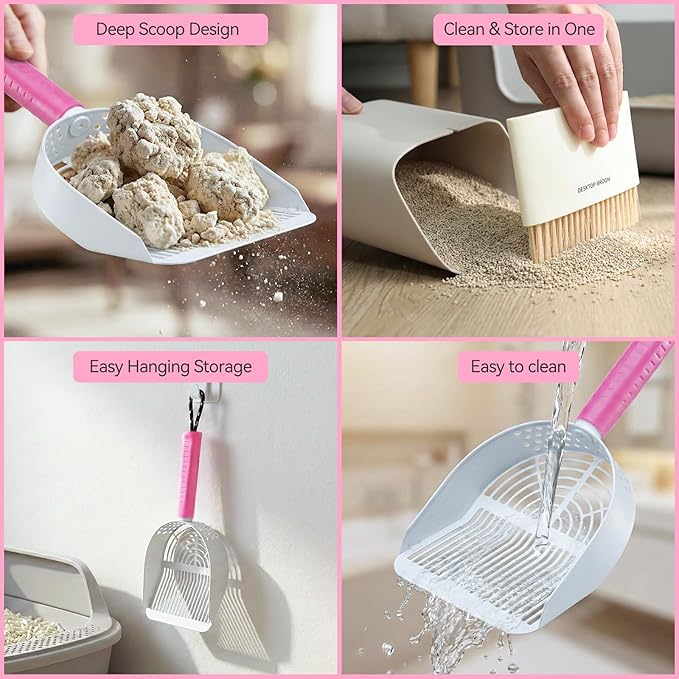 Cat Litter Scoop with Holder, 3-in-1 Litter Box Solution: Metal Scooper, Dustpan & Mini Broom, Coarse and Fine Grid, Quick Sift, Metal Kitty Litter Scooper Works with All Type of Cat Litter