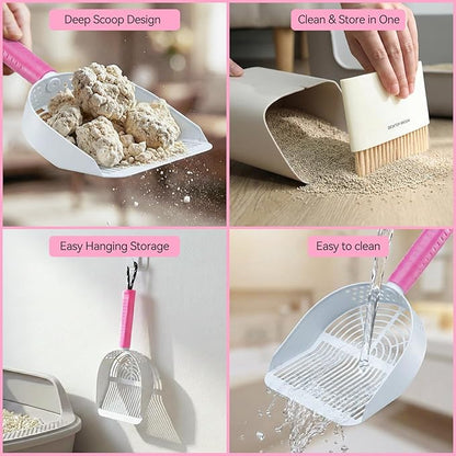 Cat Litter Scoop with Holder, 3-in-1 Litter Box Solution: Metal Scooper, Dustpan & Mini Broom, Coarse and Fine Grid, Quick Sift, Metal Kitty Litter Scooper Works with All Type of Cat Litter