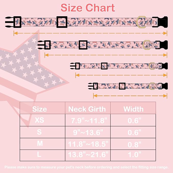 Faygarsle Cotton Dogs Collar Cute 4th of July Independence Day Dog Collars Pink Blue American Flag Star Patterns Dog Collarfor Girl Female Boy Male Small Medium Large Dogs S