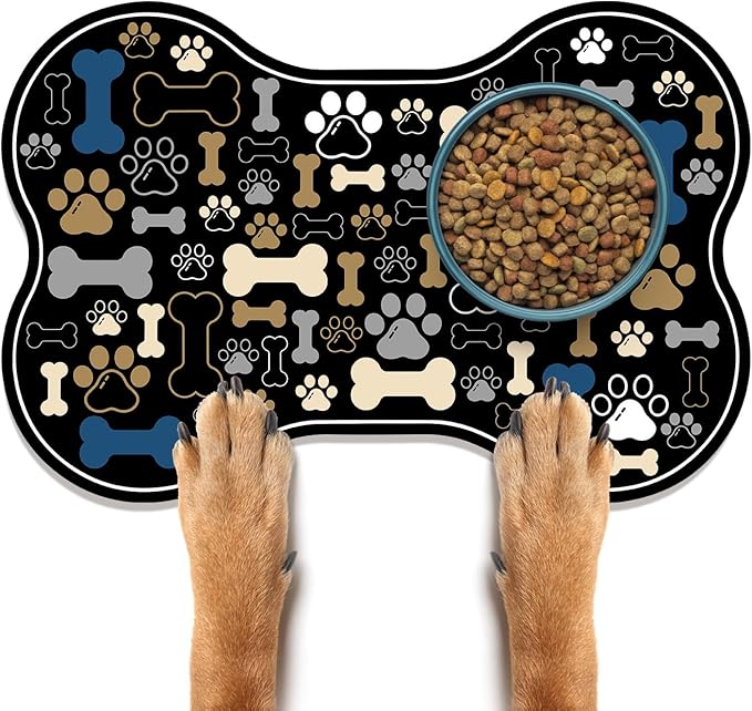 Dog & Cat Food Mat Bone Shaped Pet Feeding Mat Quick Absorb Water Bowl Placemat with Rubber Backing Indoor Floor Stain Resistant Pet Accessory Supplies (Black, 12x18 Inches)