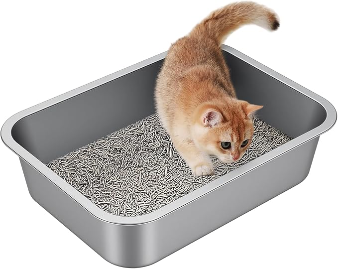 Stainless Steel Litter Box - Metal Small Cat Kitty Litter Box Pan, Indoor Low Entry Litterbox Tray, Odor-Free, Non-Stick, Easy Cleaning Pet Toilet Supplies for Kitten, Rabbit, Dog