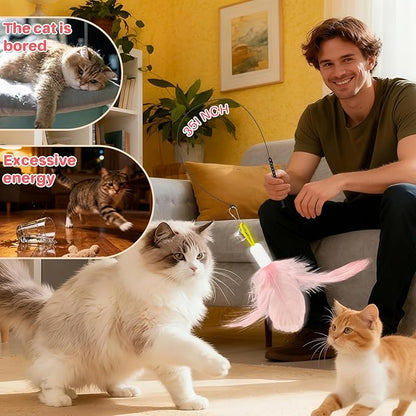 Walfront Indoor Interactive Cat Toy Wand with 4PCS Feather Attachments & Suction Base - 2 Play Modes, Solo Play & Owner Interaction, Boost Jumping & Hunting Skills, Fun & Engaging for Cats