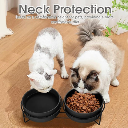 Ceramic Dog and Cat Bowl Set with Stand, 3.6 Cups Dog Food and Water Bowl Suitable for Small and Medium Pets (28.7oz Black)