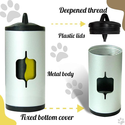 Metal Dog Poop Bag Holder w/Leash Clip|Durable Scratch-Resistant Aluminum|135 Bags+3 Accessories（Silver）