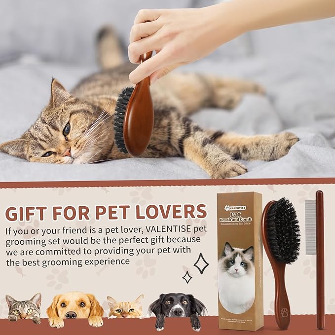 Wooden Cat Brush and Comb, Cat Hair Brush with Nautral Boar Bristle for Reduce Shedding and Keep Healty Shine, Daily Pet Grooming Tool for Dogs & Cats