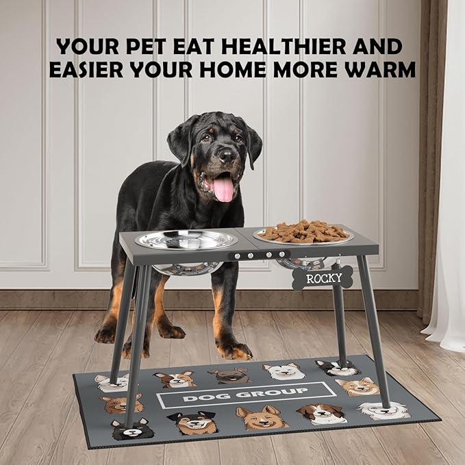 Elevated Dog Bowls for Large Extra Large Pet, Raised Dog Bowl Stand with Sprill Proof Mat and Bowls (2000ml/70oz), Pet Food & Water Bowl 15.5" Tall Dogs Feeder for Extra Large Breed, Grey