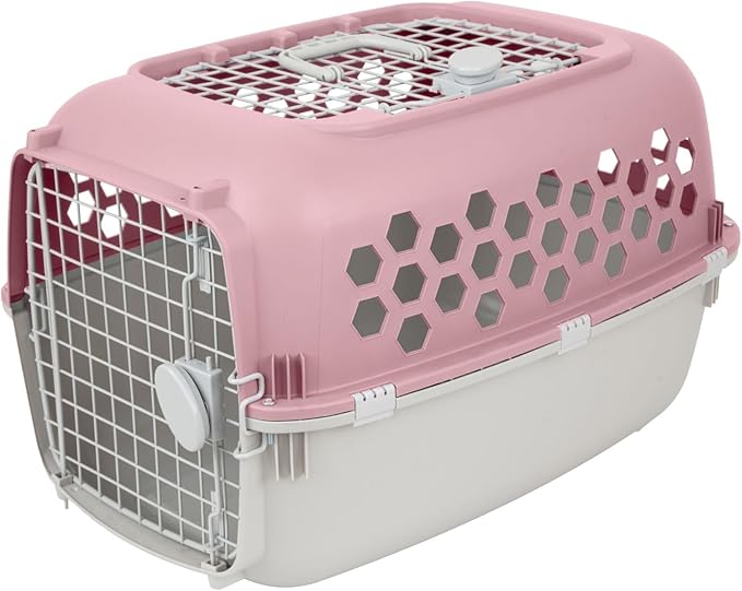 2-Door 24" Plastic Portable Dog Kennel, Pink – Lightweight Travel Crate for Small Dogs & Cats, Indoor/Outdoor Use with Secure Latches