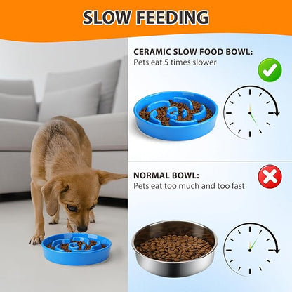 Slow Feeder Dog Bowl, Ceramic 8.3 inch Dog Food Bowls for Small, Medium, and Large Breed, Anti-Slip Maze Puzzle Food Dish to Slow Down Eating (Blue, 8.3 inch)