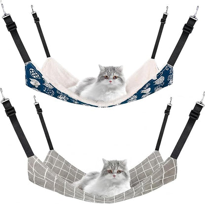 Jetec 2 Pack Cat Hammock for Cage, Catio Accessories Reversible Soft Cats Bed with Adjustable Straps and Hooks Double-Sided Linen and Fleece Hanging Hammock for Cats, Kitten(Cat and Plaid,L)