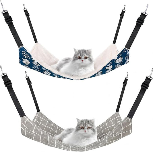 Jetec 2 Pack Cat Hammock for Cage, Catio Accessories Reversible Soft Cats Bed with Adjustable Straps and Hooks Double-Sided Linen and Fleece Hanging Hammock for Cats, Kitten(Cat and Plaid,L)