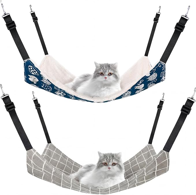 Jetec 2 Pack Cat Hammock for Cage, Catio Accessories Reversible Soft Cats Bed with Adjustable Straps and Hooks Double-Sided Linen and Fleece Hanging Hammock for Cats, Kitten(Cat and Plaid,S)
