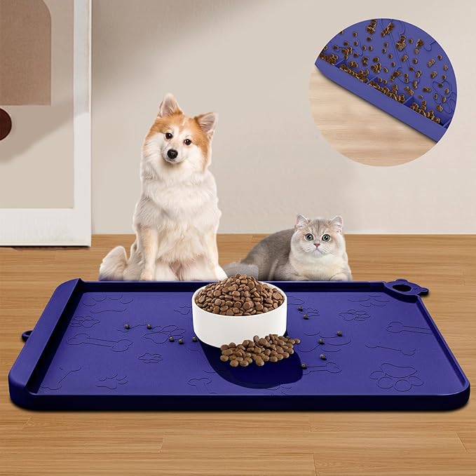 Silicone Dog Food Mat With Residue Collection Pocket - Waterproof Pet Feeding Mat for Cats and Dogs, Raised Edges, Hooks, Placemats for Water Bowl