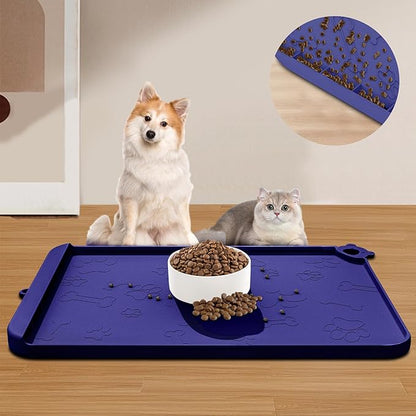 Dog Food Mat, Silicone Dog Mat for Food and Water -Pet Feeding Mats with Residue Collection Pocket, Waterproof Dog Cat Bowl Mats with Raised Edges and Hooks, Placemats for Cats and Dogs Water Bowl