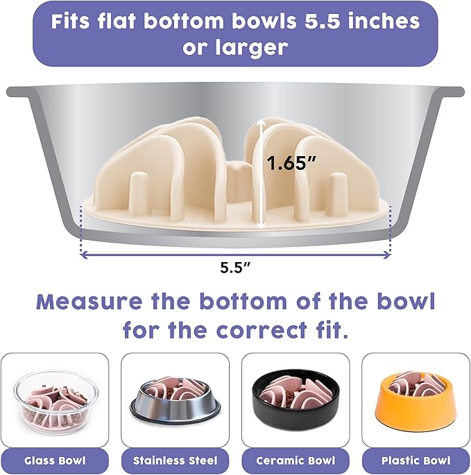 Awoo Great Vibes - Silicone Slow Feeder for Dog Bowls Over 5.5 Inches - Non-Slip, Wet and Dry Food-Compatible Pet Dish with Suction Cups - Extends Mealtime for Fast Eaters - Dishwasher Safe (Almond)
