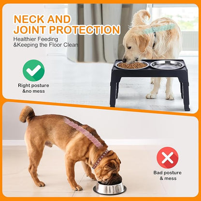 Elevated Dog Bowls, Raised Bowl with 2 Stainless Steel Food Bowls, Dog Bowls Stand Adjusts to 5 Heights 2.95", 8.46", 9.65", 10.82", 12.01" for Small Medium Large Cats Pets,Black