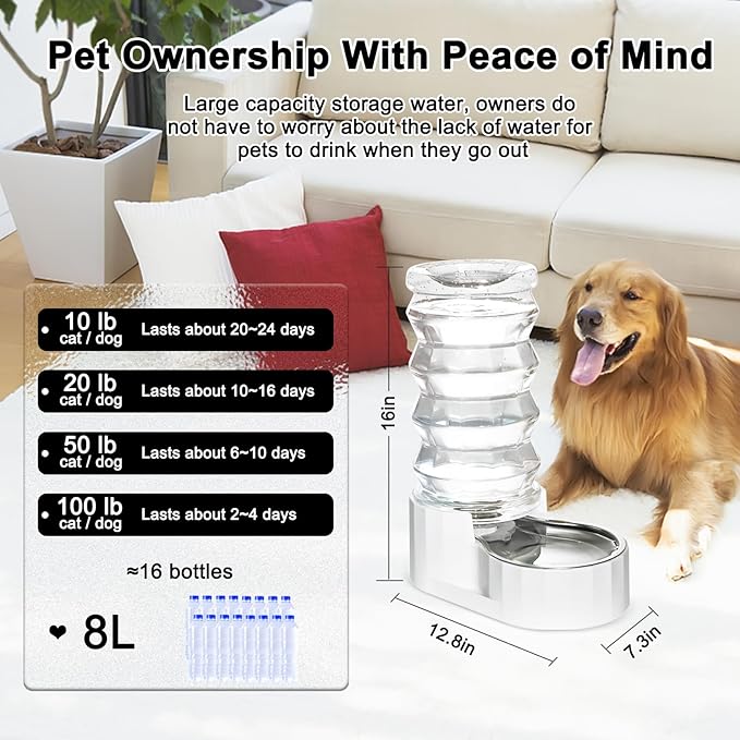 RIZZARI Gravity Dog Water Dispenser:Ion Exchange System with Activated Carbon- Helps Prevent Urinary Stones - Removes Odors -Softens Water- 8L Large Auto-Refill Stainless Steel Pet Water Waterer