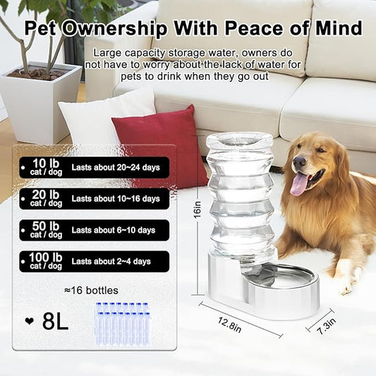 RIZZARI Gravity Dog Water Dispenser:Ion Exchange System with Activated Carbon- Helps Prevent Urinary Stones - Removes Odors -Softens Water- 8L Large Auto-Refill Stainless Steel Pet Water Waterer