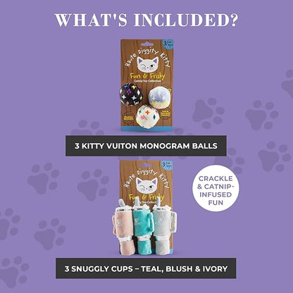 Vuiton Monogram Balls + Snuggly Cups Set, Plush Cat Toys Catnip Filled with Interactive Crackle Sound, Safe & Durable Toys for Cat & Kitten, 6 Pcs