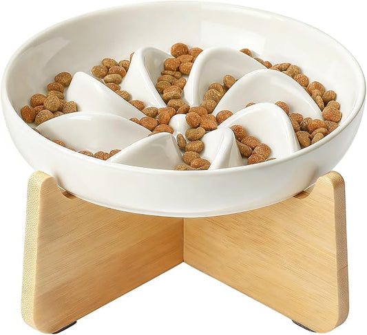 PETTOM Slow Feeder Cat Bowl with Stand, Ceramic Slow Eating Cat Bowl with Higher Edges, Elevated Cats Food Bowls for Dry and Wet Food Anti-Vomiting Puzzle Feeder for Healthy Eating Diet