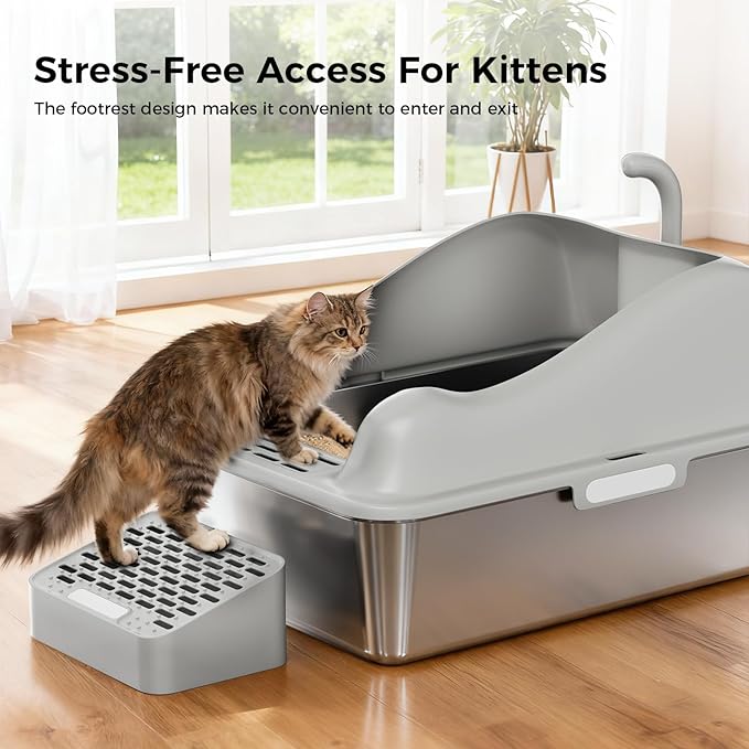 GTPLAYER Stainless Steel Cat Litter Box XL - Extra Large High-Sided Open-Top Metal Litter Box for Large & Multi-Cat Homes, Splash Guard, Low Entry, Easy Clean 304 Steel with Step, Mat & Scoop, Grey