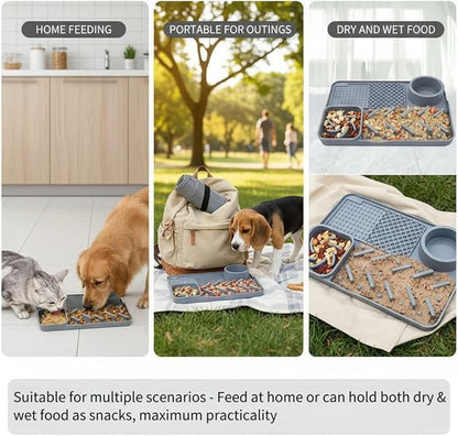 Interactive Silicone Lick Mat for Cats and Dogs – Slow Feeding Pad with Water Bowl, Non-Spill Suction Cup Bowl, Gray (Gray)