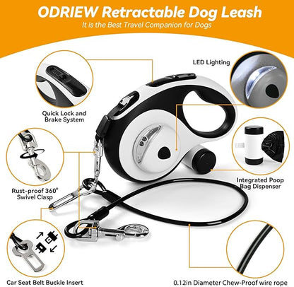Heavy Duty Retractable Dog Leash for Large Dogs, 26ft Dog Leash with Poop Bag Holder, Up to 110lbs, chew Proof Cable, LED Light, 360° No-Tangle, One-Handed Pause & Locked. (White, M 16ft)