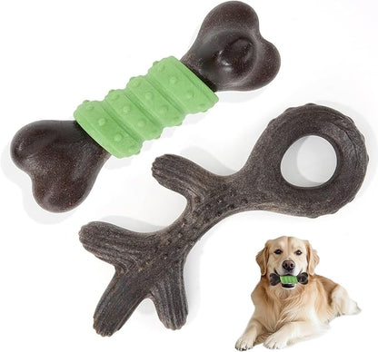 Gardner Pet 2-Pack Dog Chew Toy, Long Lasting Interactive Dog Toys Add Shredded Coconut Nylon+TPR, Teeth Cleaning and Training Toy for Medium/Large Breed,Bacon Flavor(Antler-L+Bone-L)