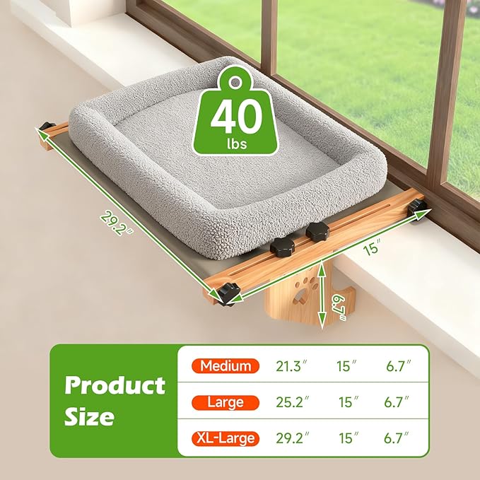 Cat Sill Window Perch Sturdy Hammock Window Seat with Cushion Bed Cover, Wood & Metal Frame for Large Cats, Easy to Adjust Cat Bed for Windowsill, Bedside, Drawer and Cabinet (M)